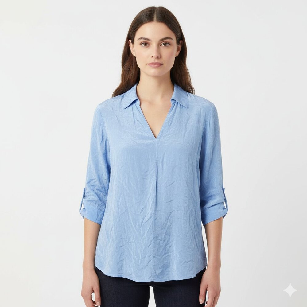 Lavender Brown Blue Silk Tunic Blouse – Roll Tab Sleeve Top Women’s M